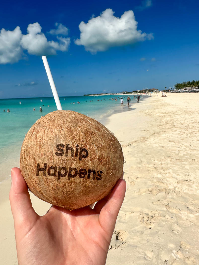 A coconut that reads ship happens on Virgin Voyages Bimini