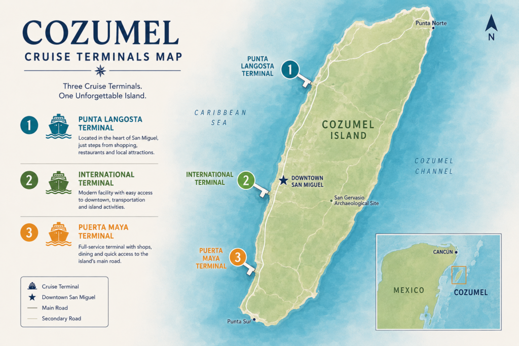 map of Cozumel cruise terminals Punta Langosta Puerta Maya International Pier
